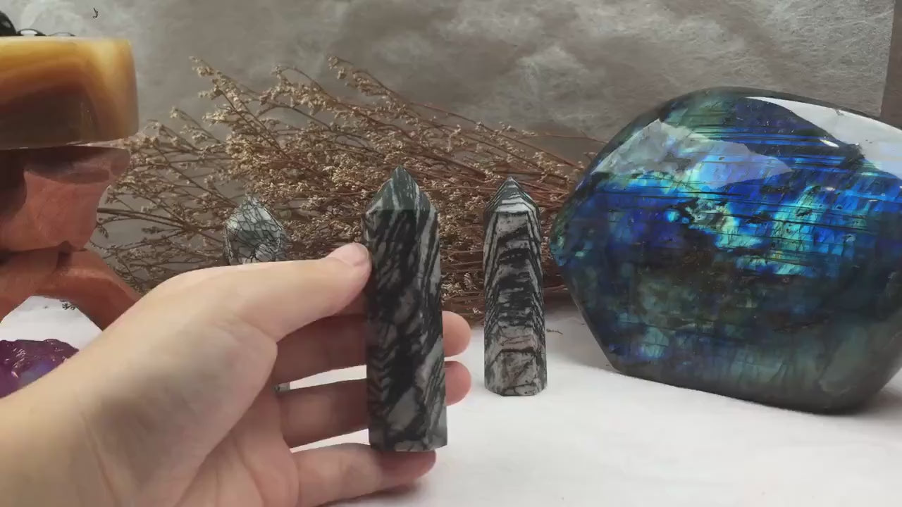 Black Line Stone Tower,Black Line Stone Point,Crystal Tower/Wand,Healing Crystal,Reiki Chakra Stone,Home Decor,For Gift
