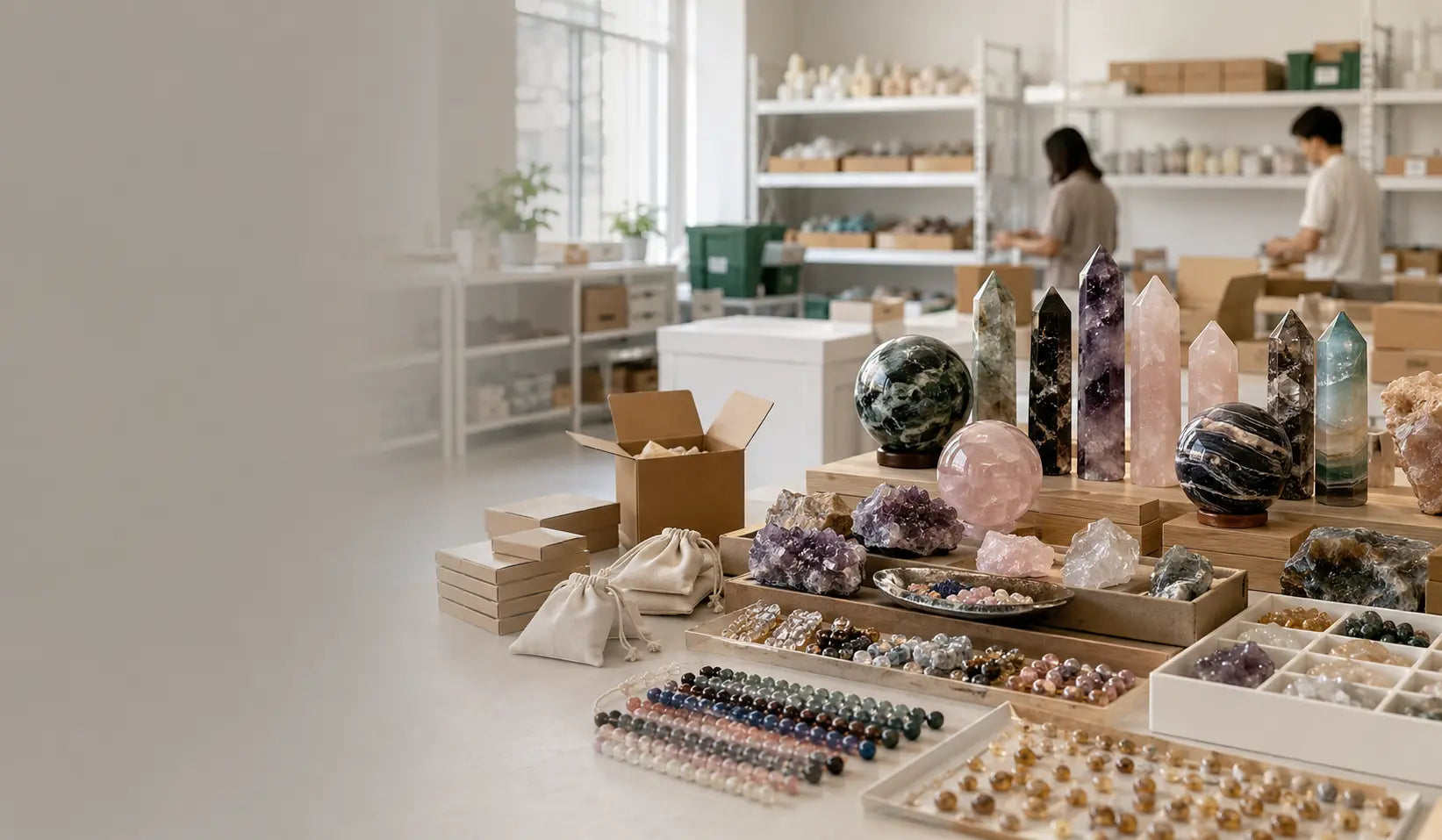 Wholesale crystals, jewelry supplies and packing materials in a professional workspace