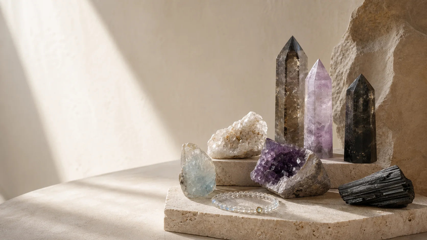 Curated natural crystal towers and mineral specimens in warm gallery light