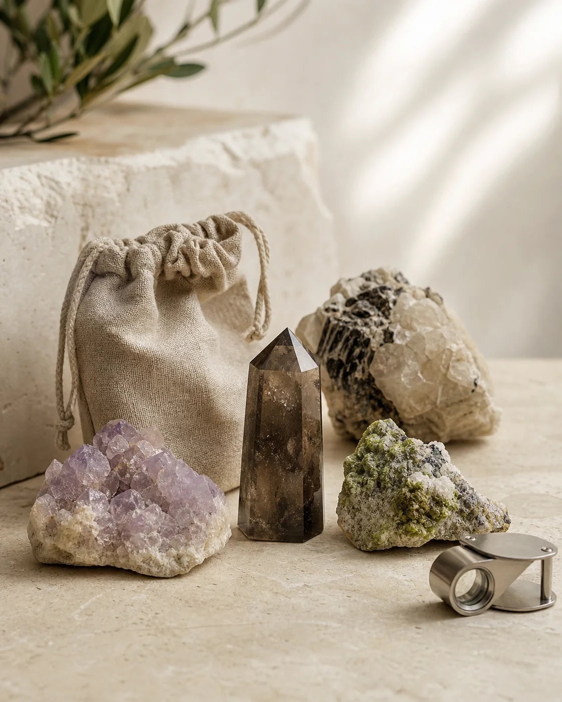 Natural crystal selection on a warm stone worktable