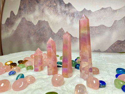 Aura Rose Quartz Tower,Natural rose quartz dots, with angel aura, gifts for girls, mothers and friends, handmade crystal tower