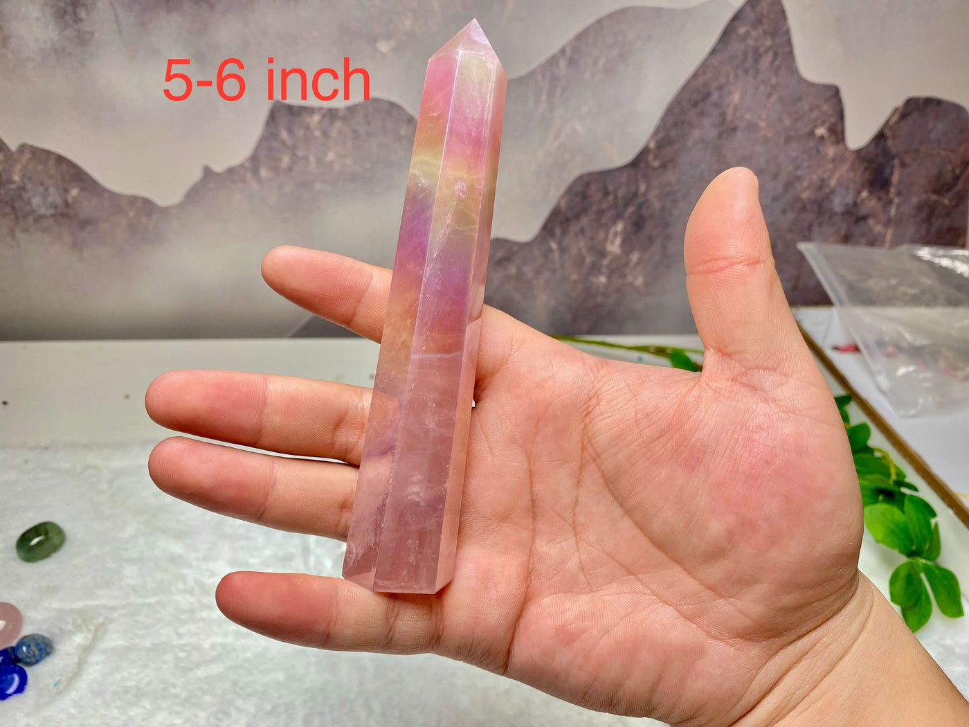 Aura Rose Quartz Tower,Natural rose quartz dots, with angel aura, gifts for girls, mothers and friends, handmade crystal tower
