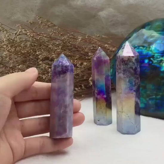 Aura Lepidolite Tower: Stress Relief, Sleep Aid, Spiritual Healing, Energy Cleanse, Meditation Support, Home Decor, Unique Spiritual Gift