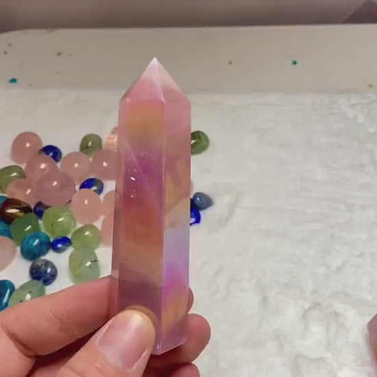 Aura Rose Quartz Tower,Natural rose quartz dots, with angel aura, gifts for girls, mothers and friends, handmade crystal tower