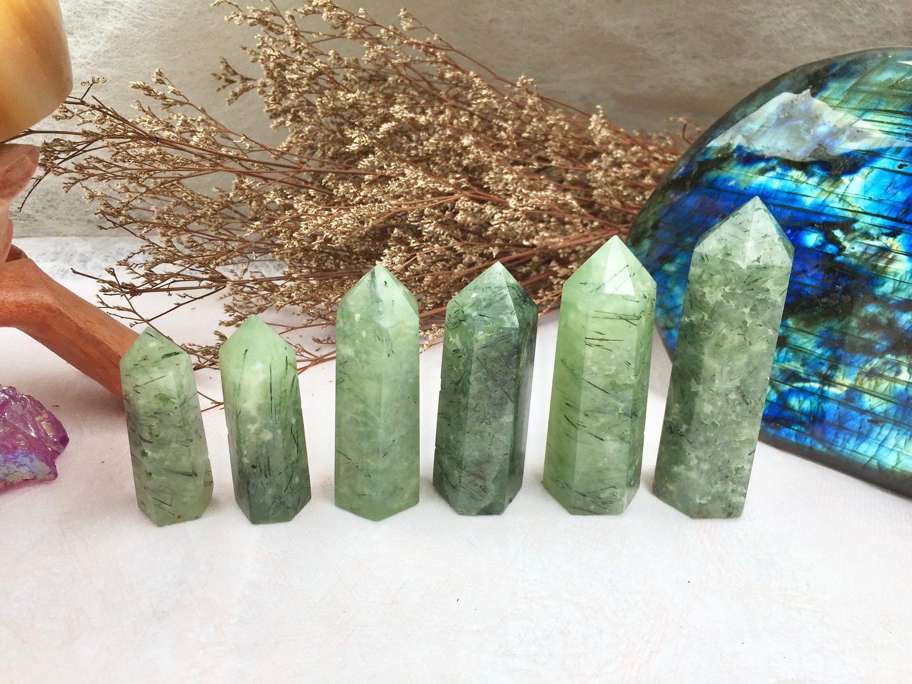 Prehnite Tower，Prehnite Point，Crystal Tower/Wand，Healing Crystal，Reiki Chakra Stone，Home Decor，For Gift