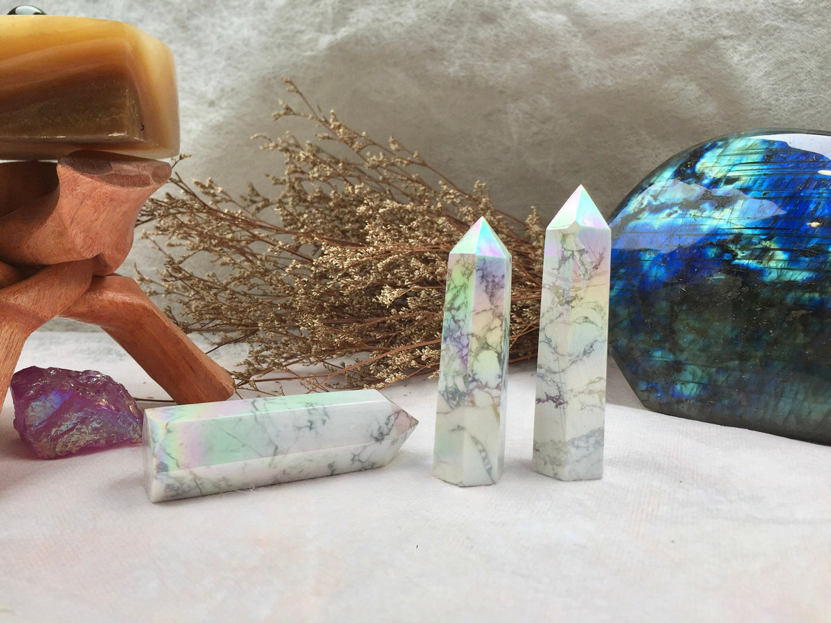 Aura Howlite Tower,Aura Howlite Point，Crystal Tower/Wand，Healing Crystal，Reiki Chakra Stone，Home Decor，For Gift