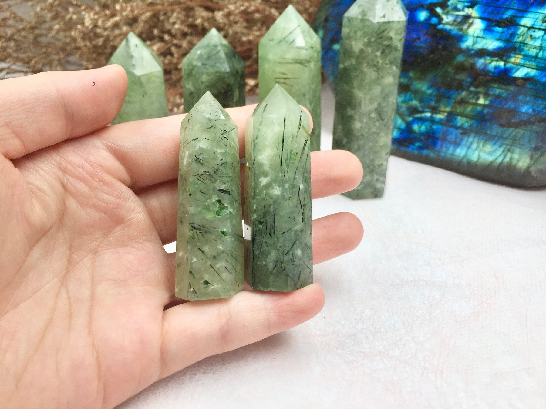 Prehnite Tower，Prehnite Point，Crystal Tower/Wand，Healing Crystal，Reiki Chakra Stone，Home Decor，For Gift