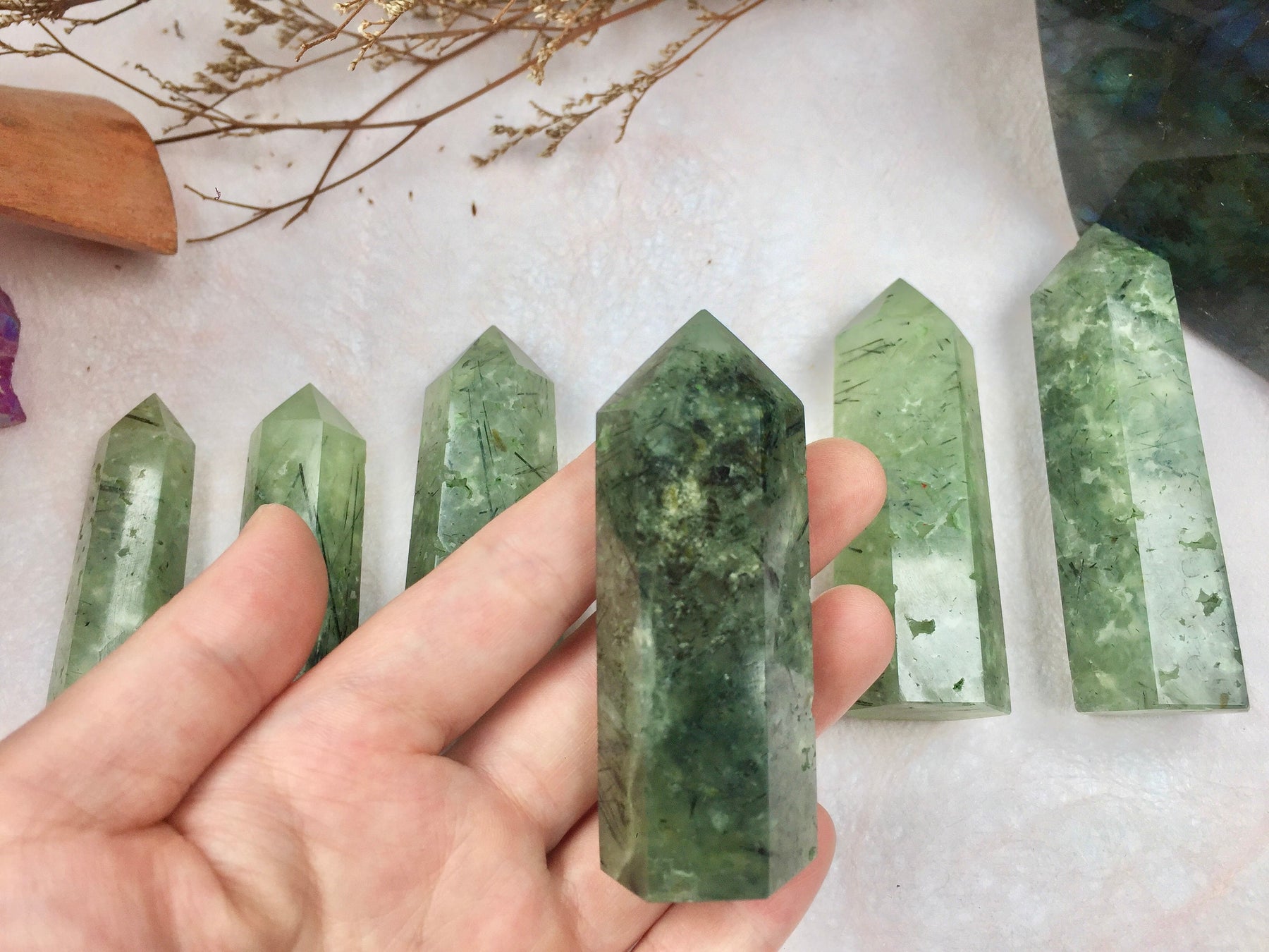 Prehnite Tower，Prehnite Point，Crystal Tower/Wand，Healing Crystal，Reiki Chakra Stone，Home Decor，For Gift