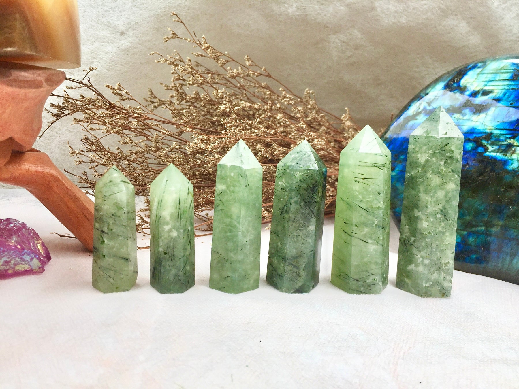 Prehnite Tower，Prehnite Point，Crystal Tower/Wand，Healing Crystal，Reiki Chakra Stone，Home Decor，For Gift