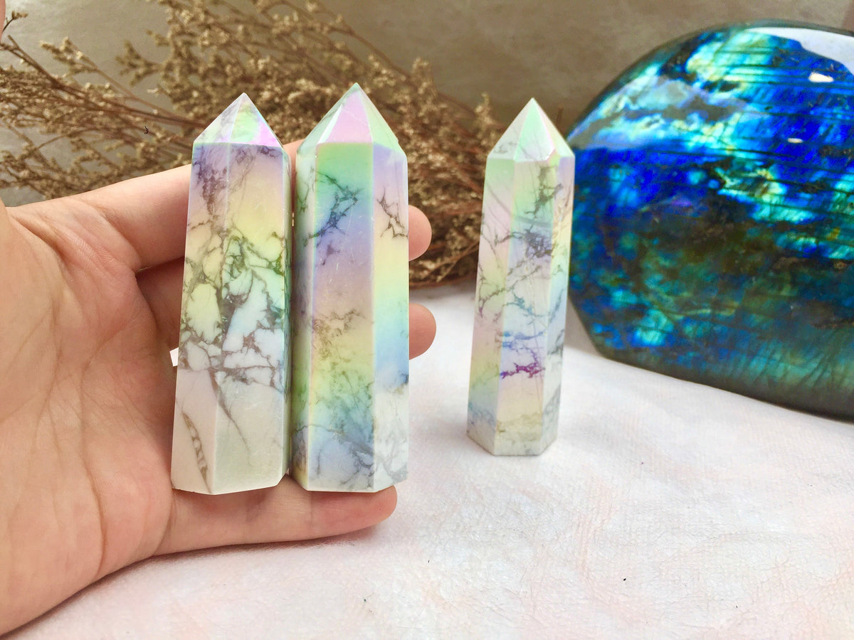 Aura Howlite Tower,Aura Howlite Point，Crystal Tower/Wand，Healing Crystal，Reiki Chakra Stone，Home Decor，For Gift