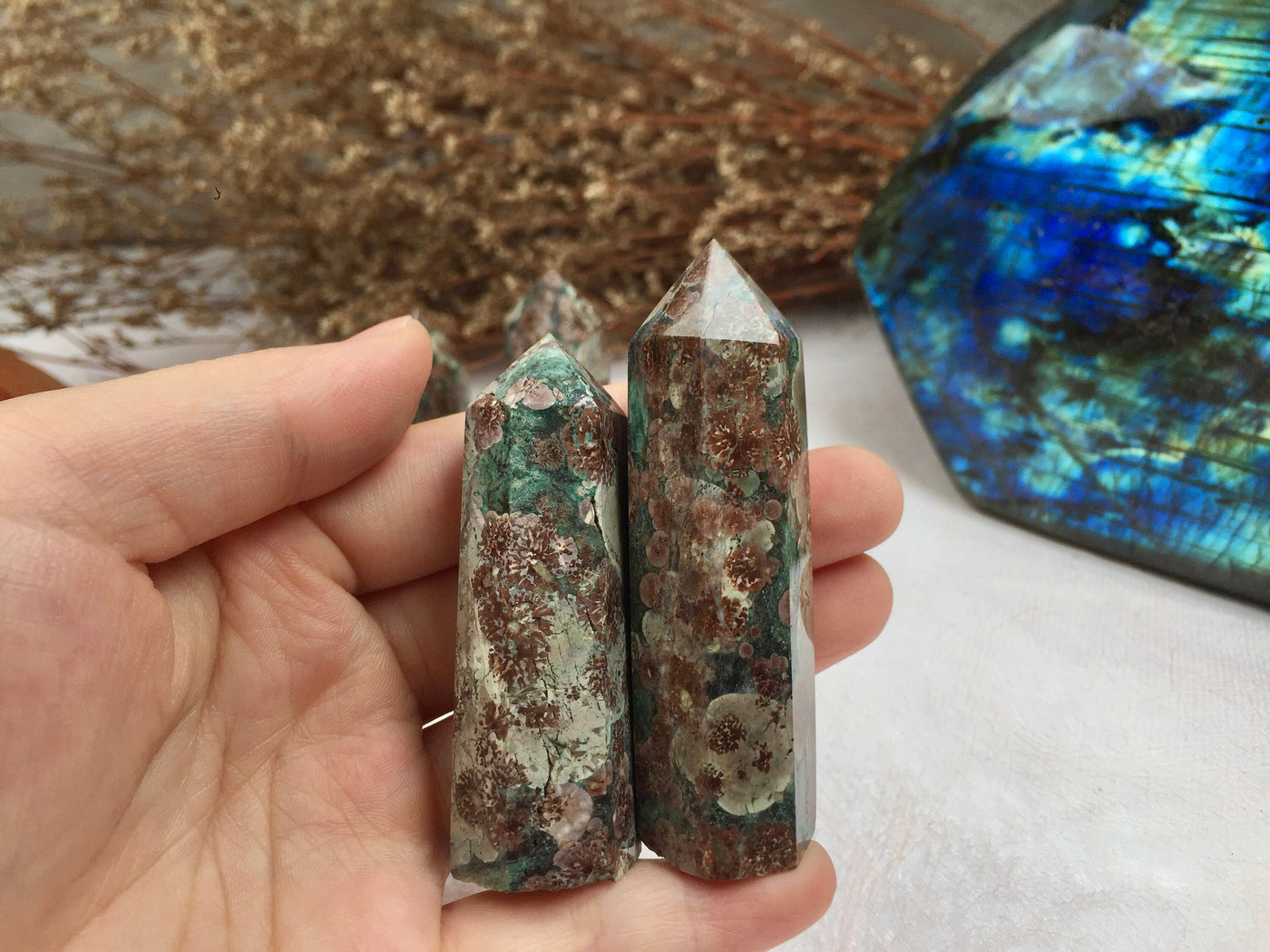 Green Flower Agate Tower,Green Flower Agate Point,Crystal Tower/Wand,Healing Crystal,Reiki Chakra Stone,Home Decor,For Gift