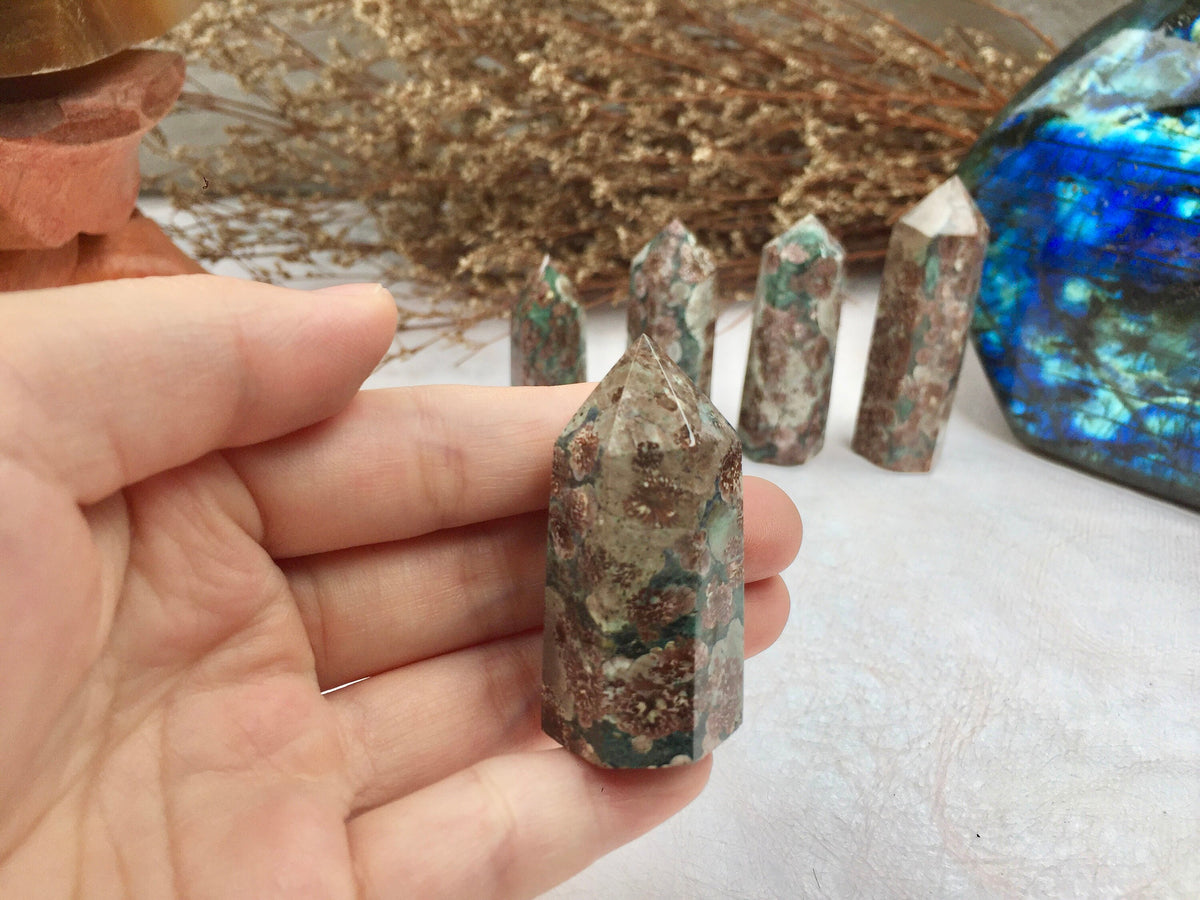Green Flower Agate Tower,Green Flower Agate Point,Crystal Tower/Wand,Healing Crystal,Reiki Chakra Stone,Home Decor,For Gift