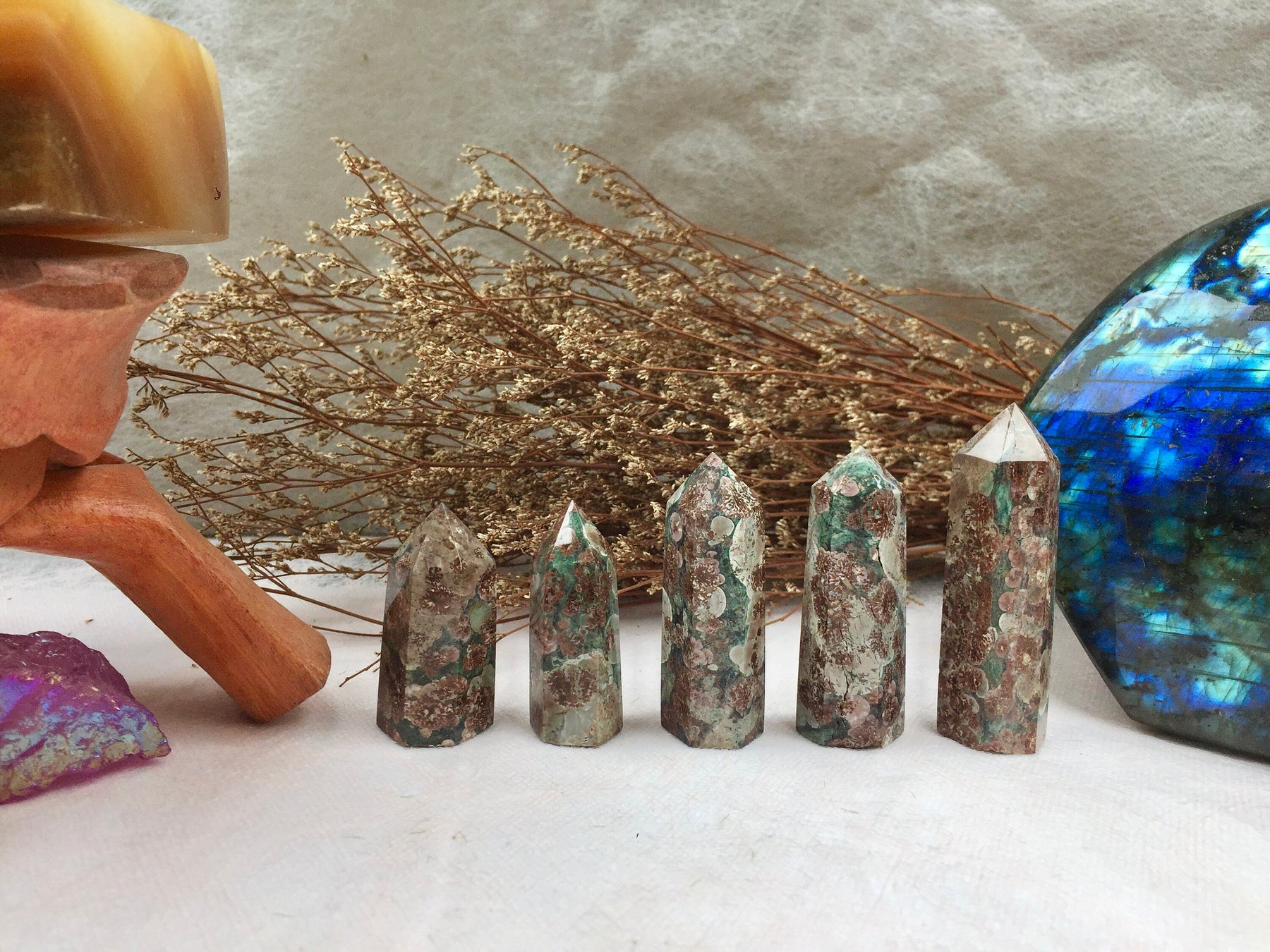 Green Flower Agate Tower,Green Flower Agate Point,Crystal Tower/Wand,Healing Crystal,Reiki Chakra Stone,Home Decor,For Gift