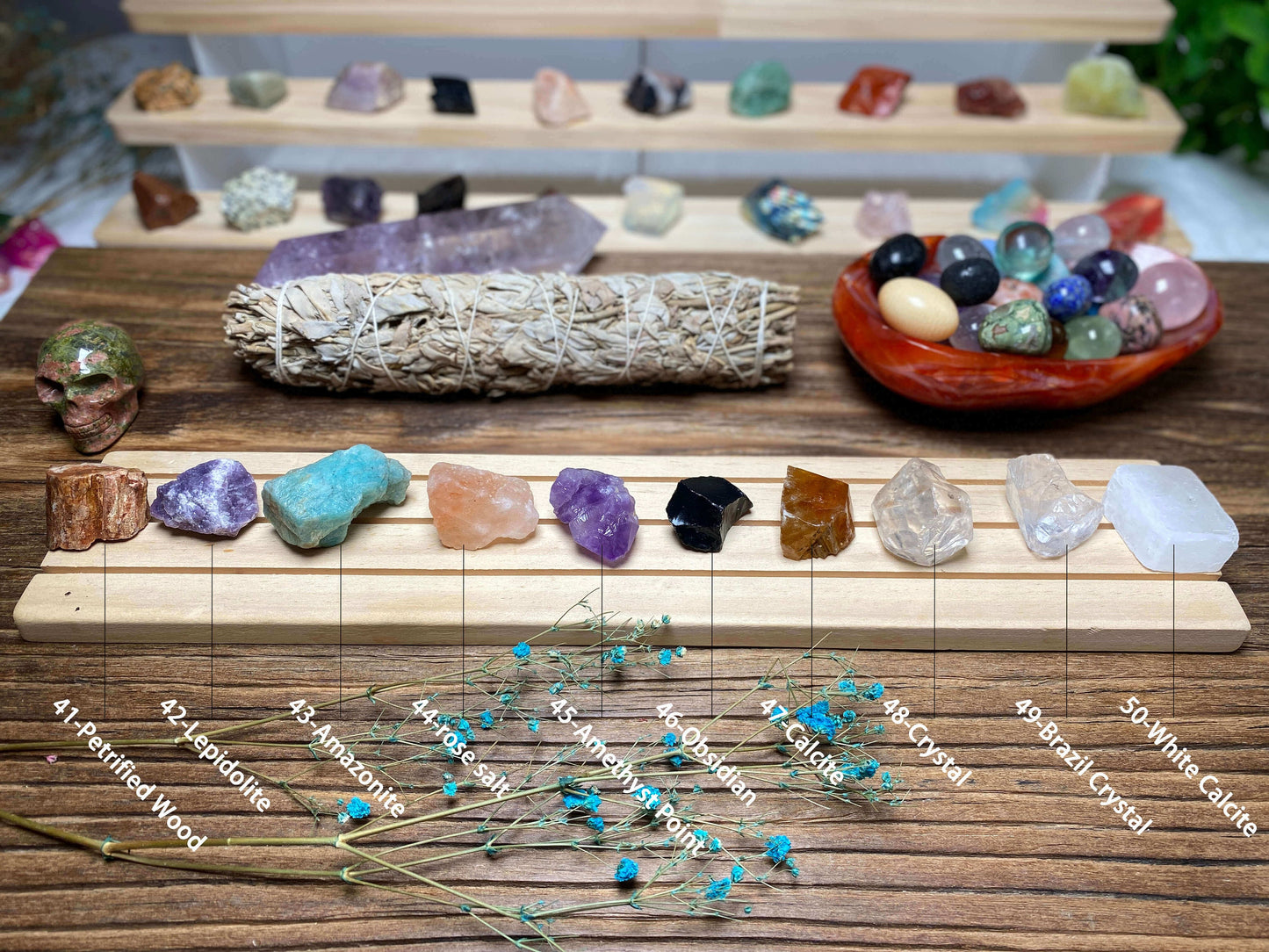 Wholesale Raw Crystals 40-Ruby Zoisite\n41-Petrified Wood\n42-Lepidolite\n43-Amazonite\n44-rose salt\n45-Amethyst Point\n46-Obsidian\n47-Calcite\n48-Crystal\n49-Brazil Crystal