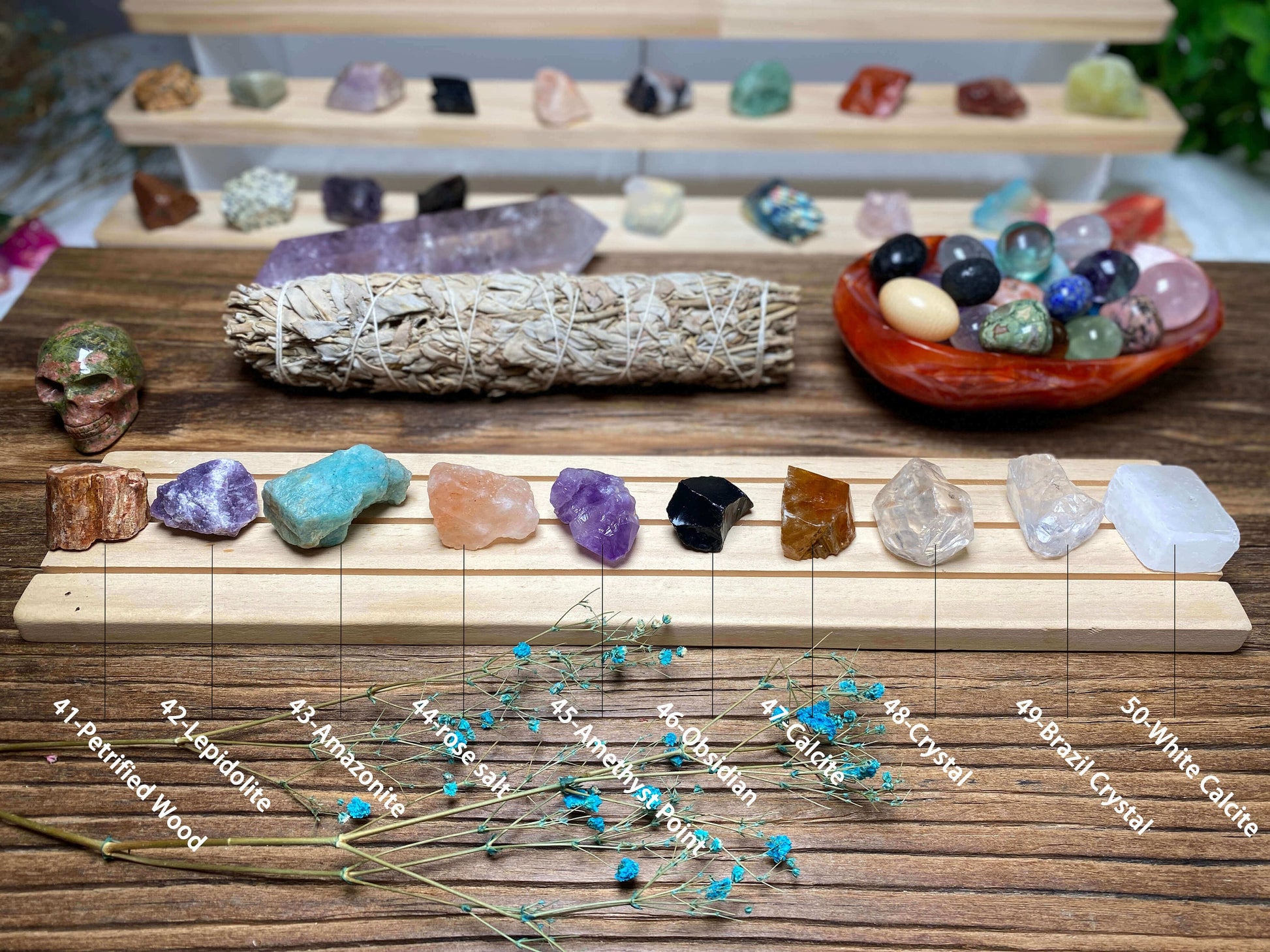 Wholesale Raw Crystals 40-Ruby Zoisite\n41-Petrified Wood\n42-Lepidolite\n43-Amazonite\n44-rose salt\n45-Amethyst Point\n46-Obsidian\n47-Calcite\n48-Crystal\n49-Brazil Crystal