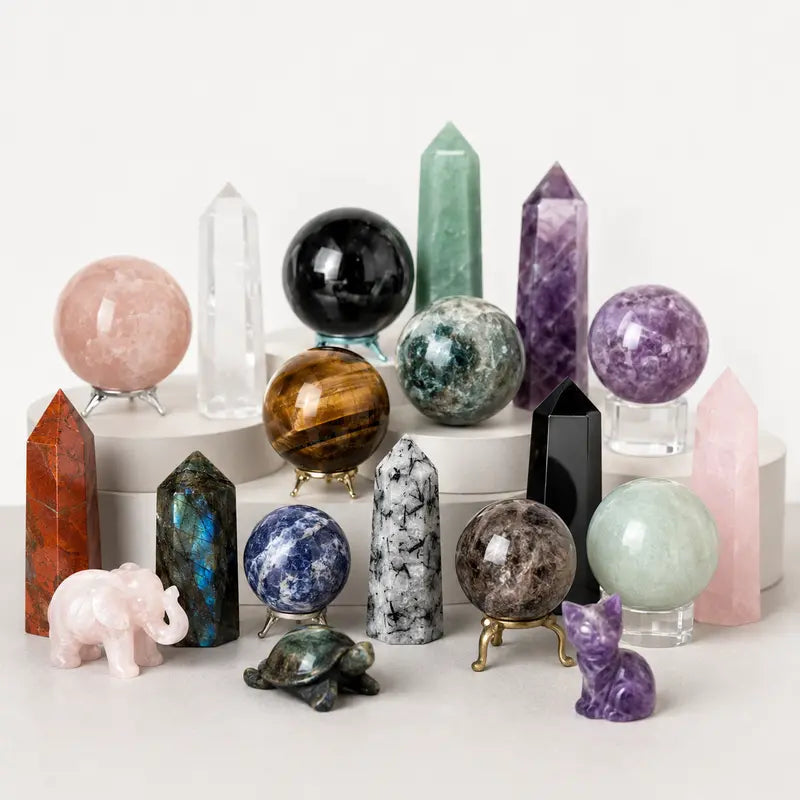 Polished crystal spheres, towers and finished crystal products