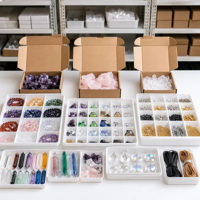 Packed crystal products organized and ready for wholesale dispatch